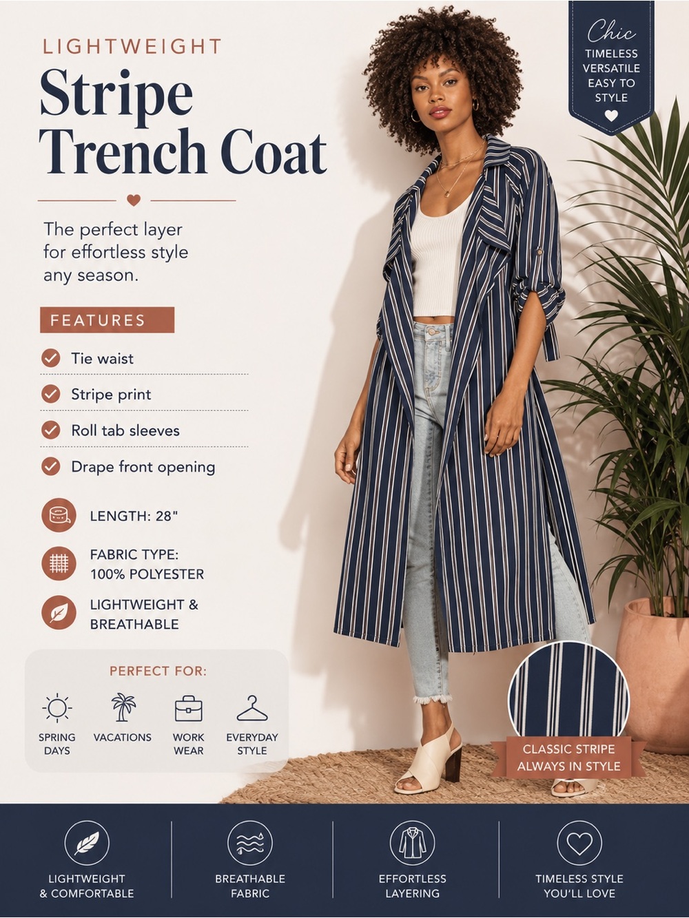 Lightweight Stripe Trench Coat - Picture 1 of 7